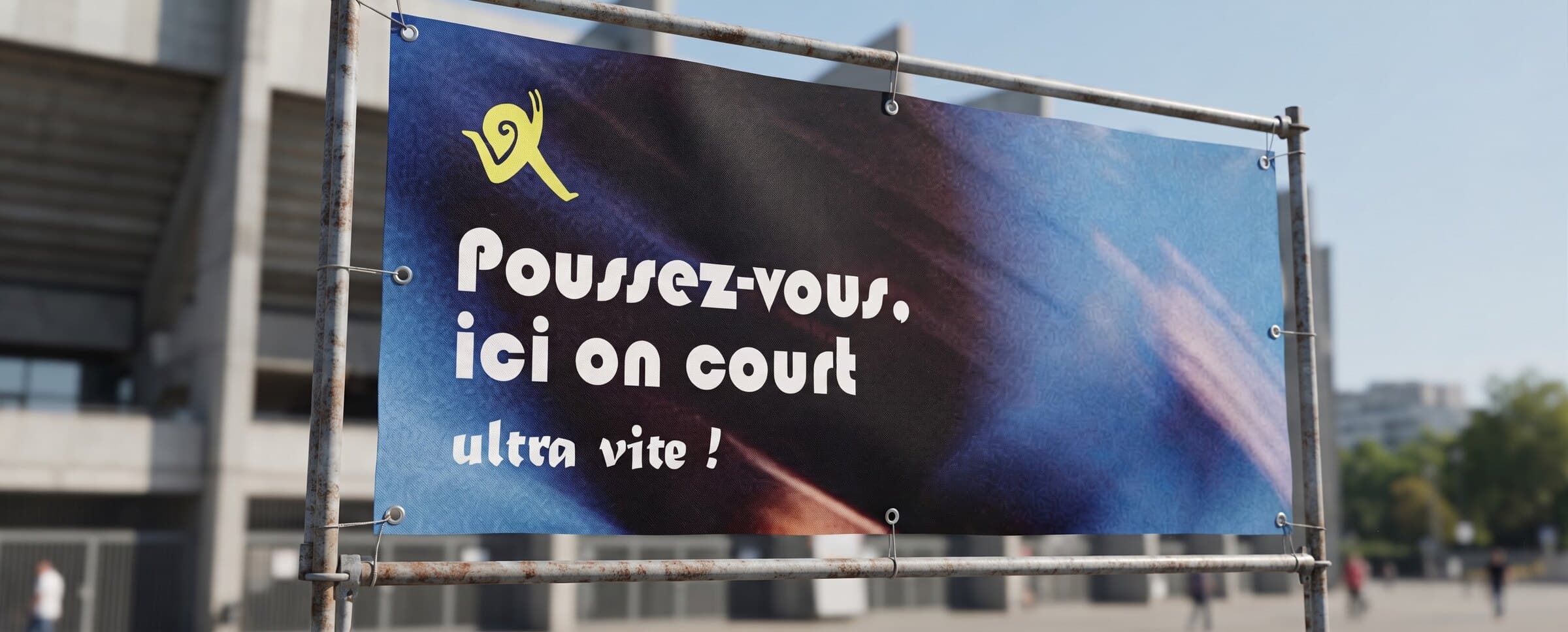 Ultra Rapide tagline on a billboard outside a stadium