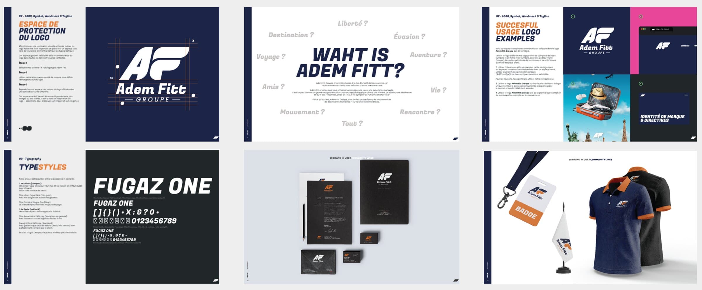Pages from the Adem Fitt brand guidelines: clear space, brand story, logo usage, typography and applications