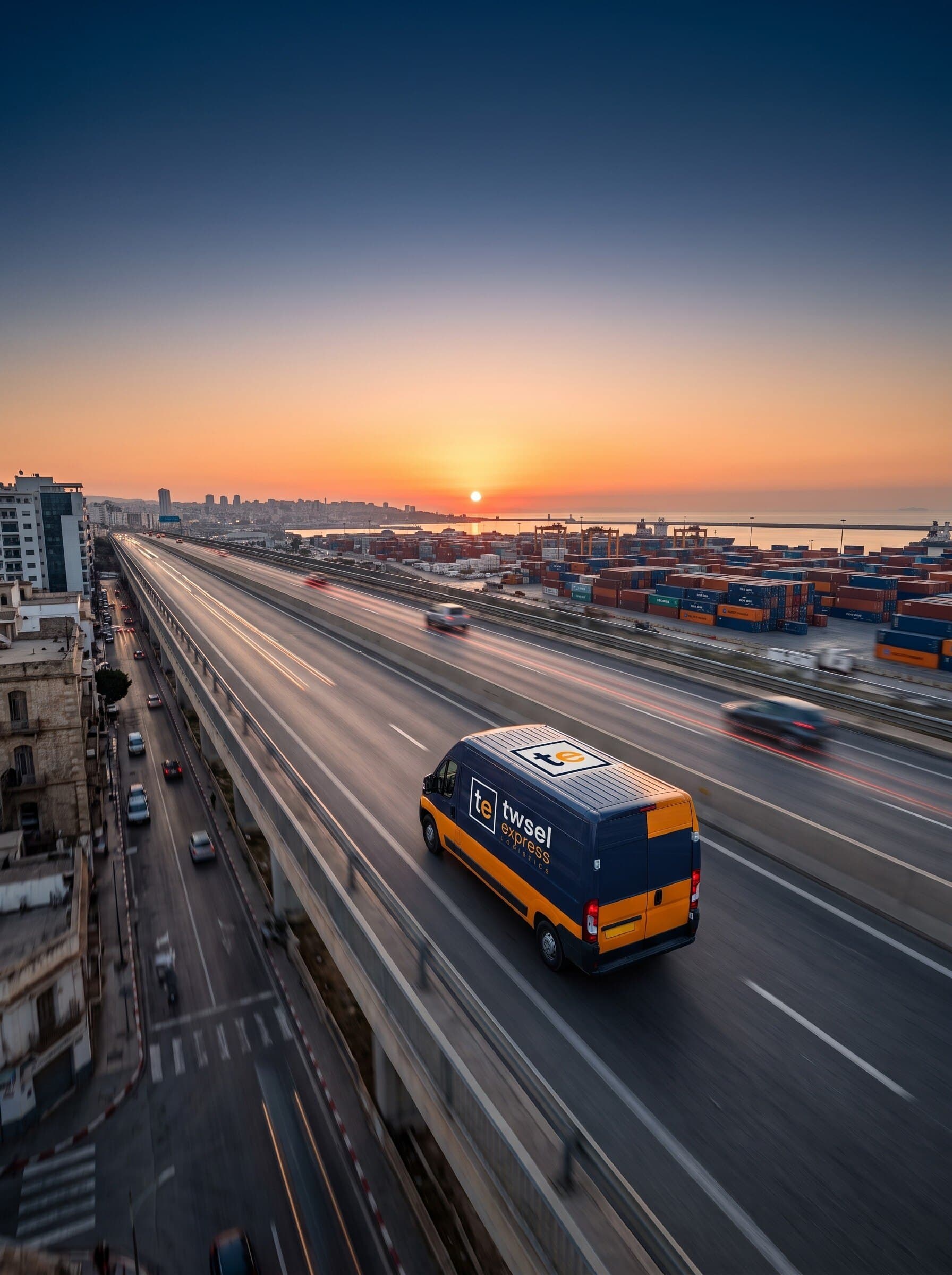 Twsel Express delivery van on a coastal highway at sunset
