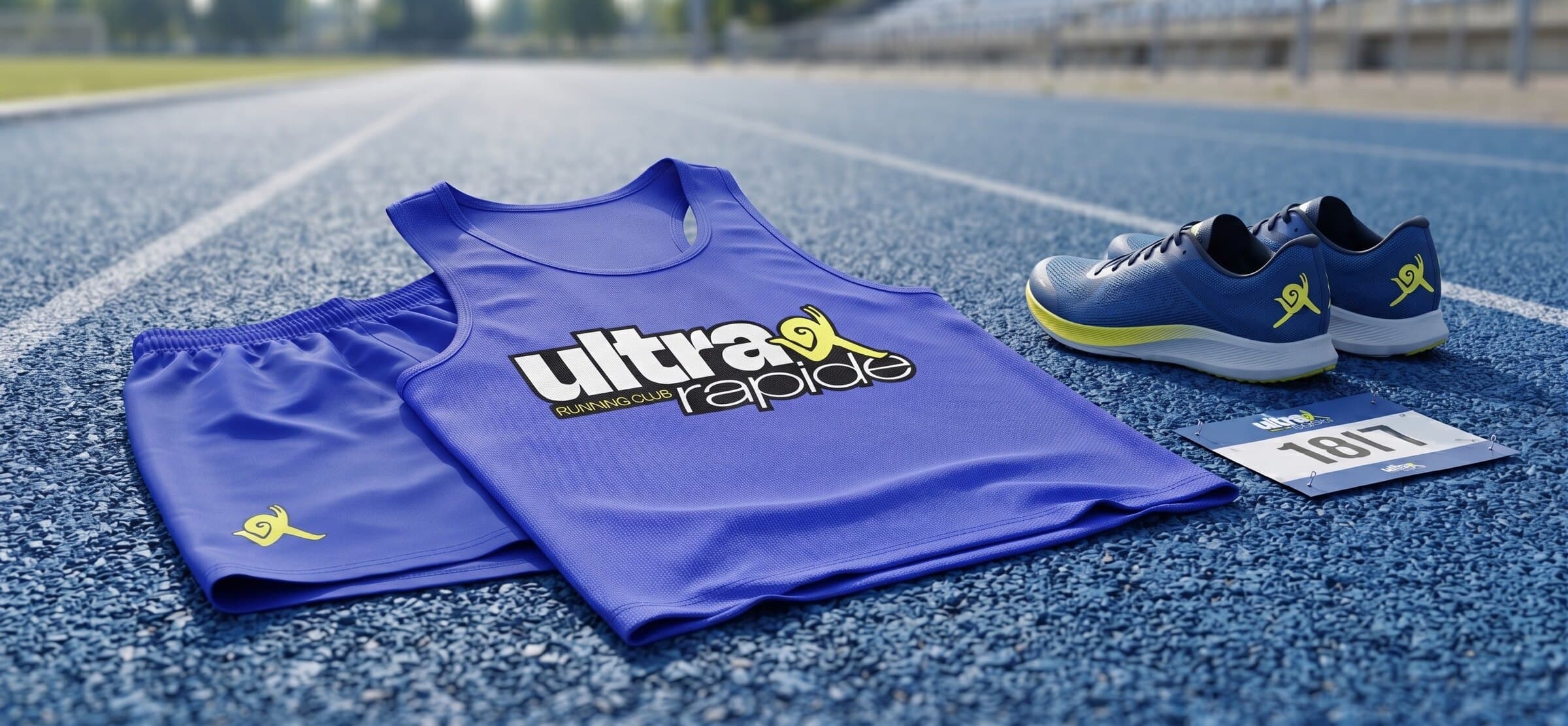 Ultra Rapide running vest, shorts, shoes and race bib on a track
