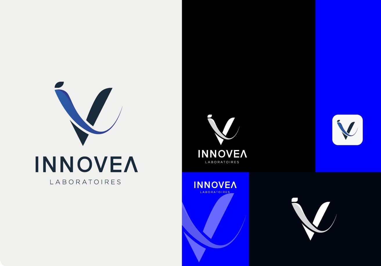 INNOVEA logo system: primary lockup, monogram and colour reversals