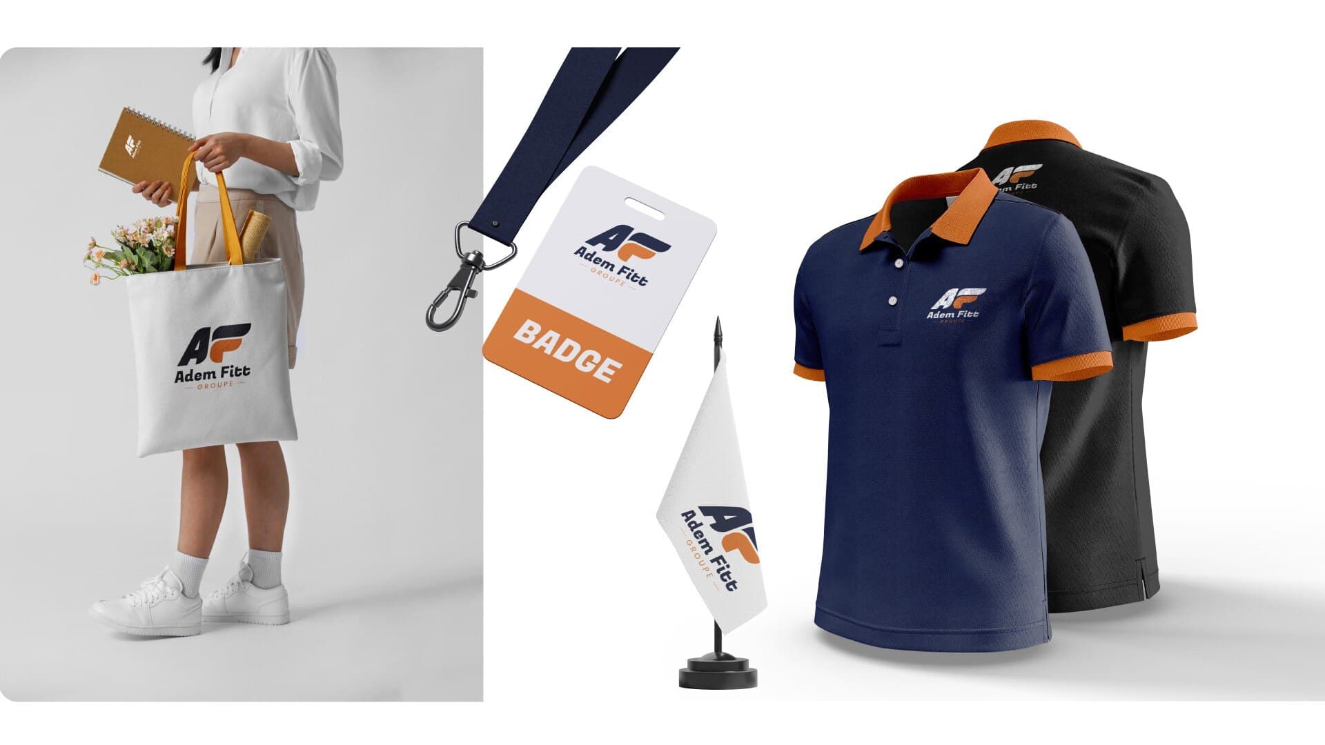 Adem Fitt tote bag, badge, desk flag and staff polo shirts