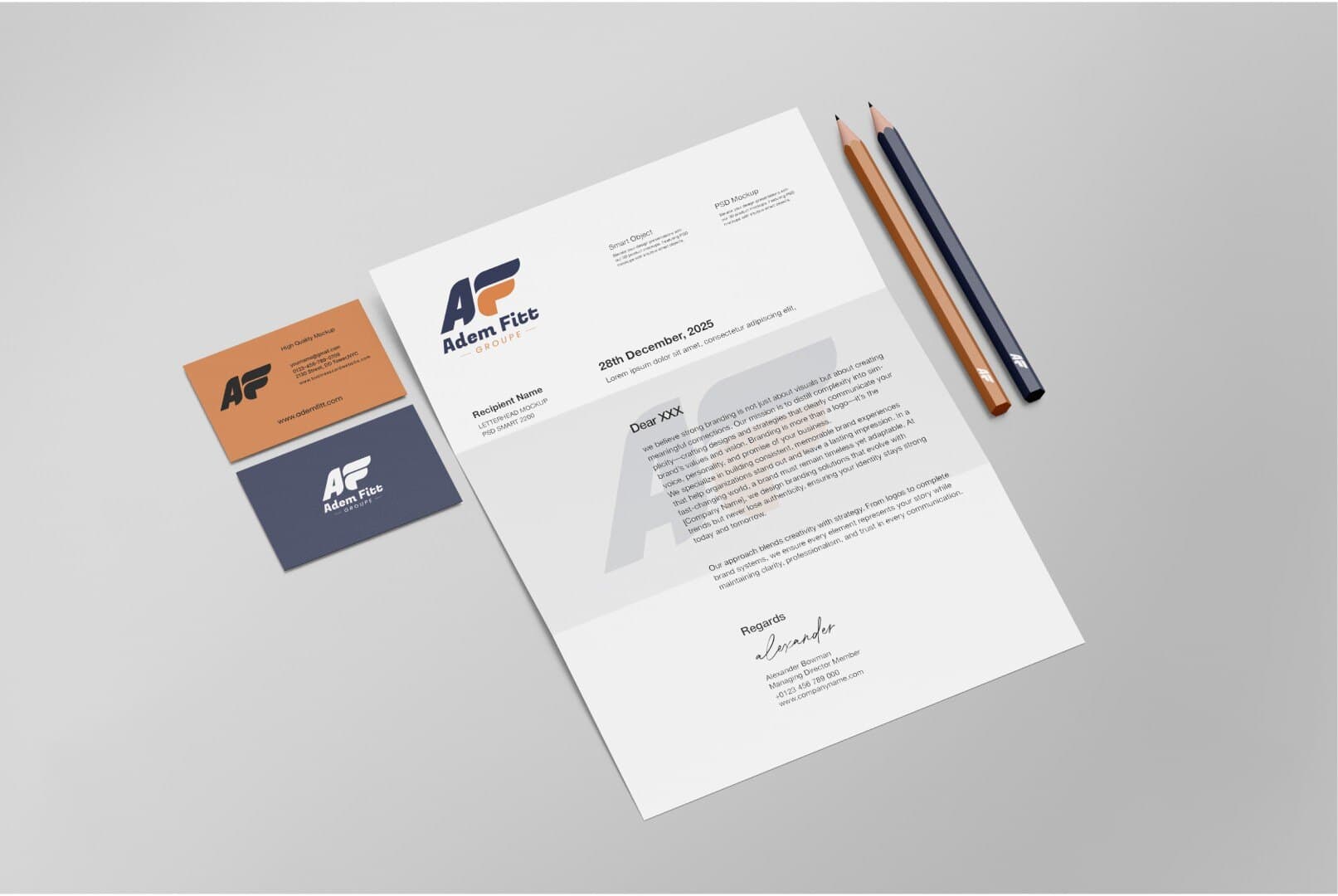 Adem Fitt letterhead, business cards and pencils