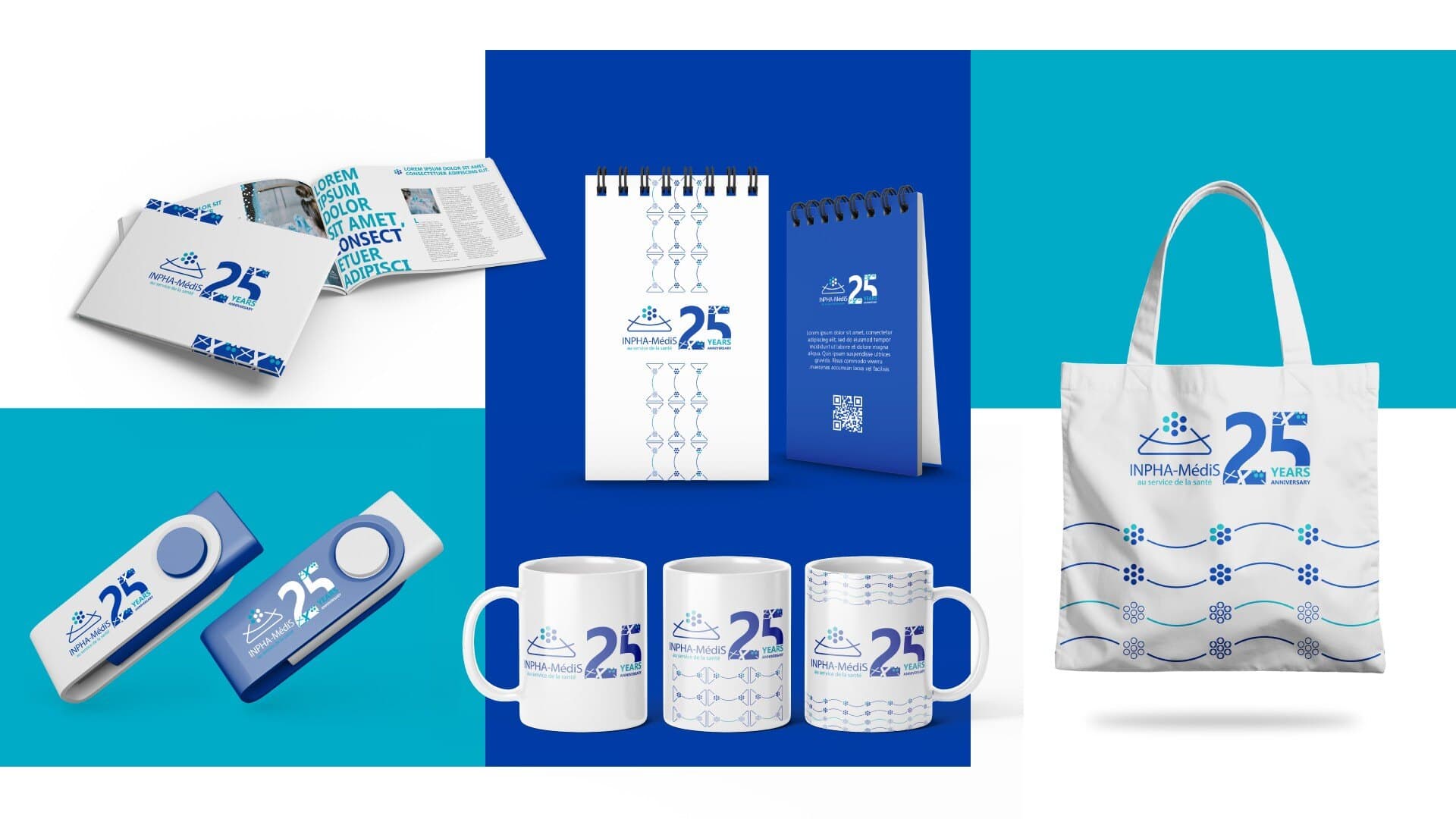 INPHA-MédiS 25th anniversary stationery, mugs, calendar and tote bag
